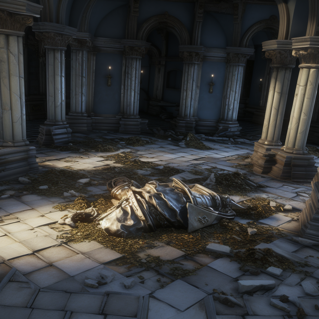 Broken marble statue on dungeon floor