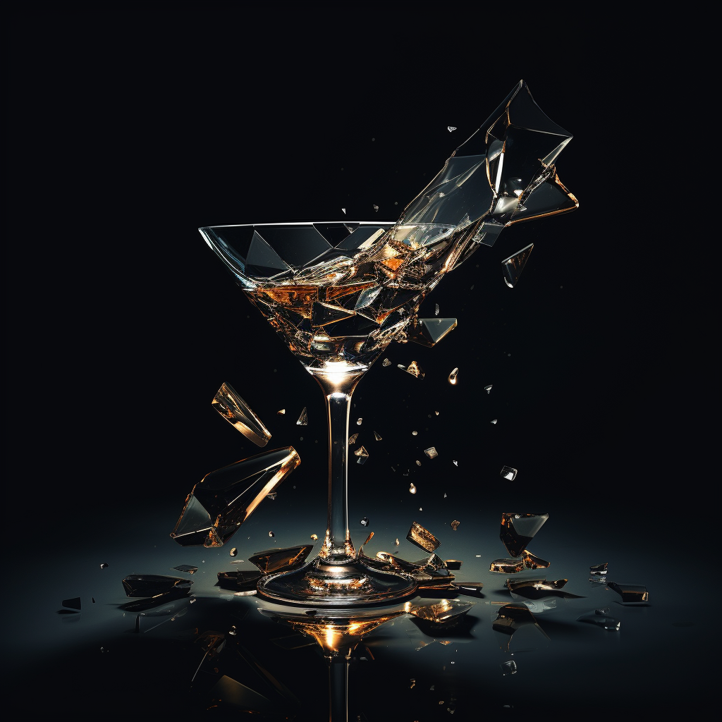 Shattered martini glass with spilled liquid