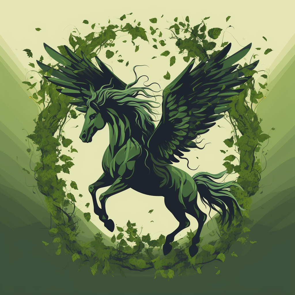 Silhouette of a Broken Pegasus with Green Leaves and Vines