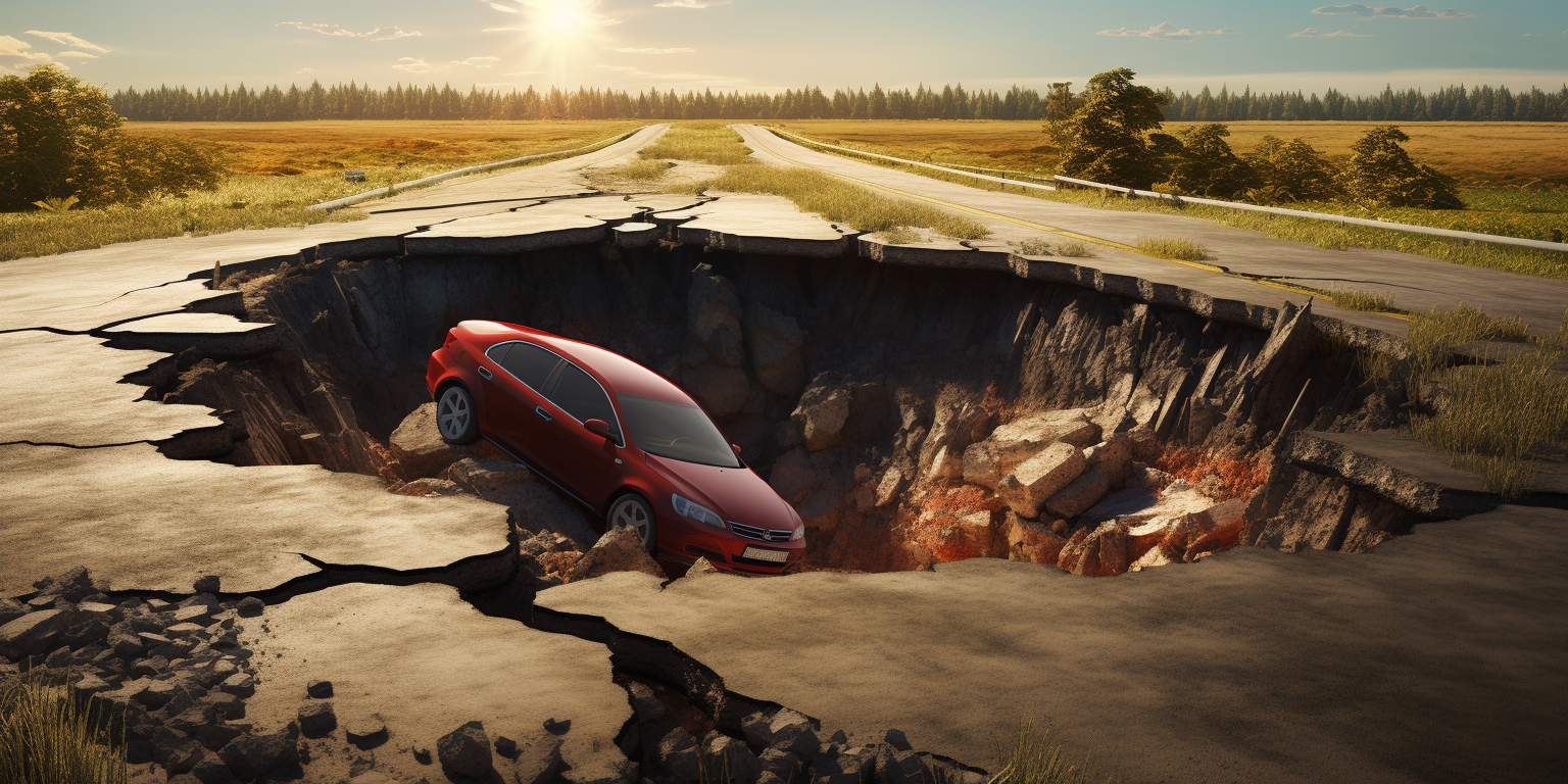 Car driving on broken road with sinkhole