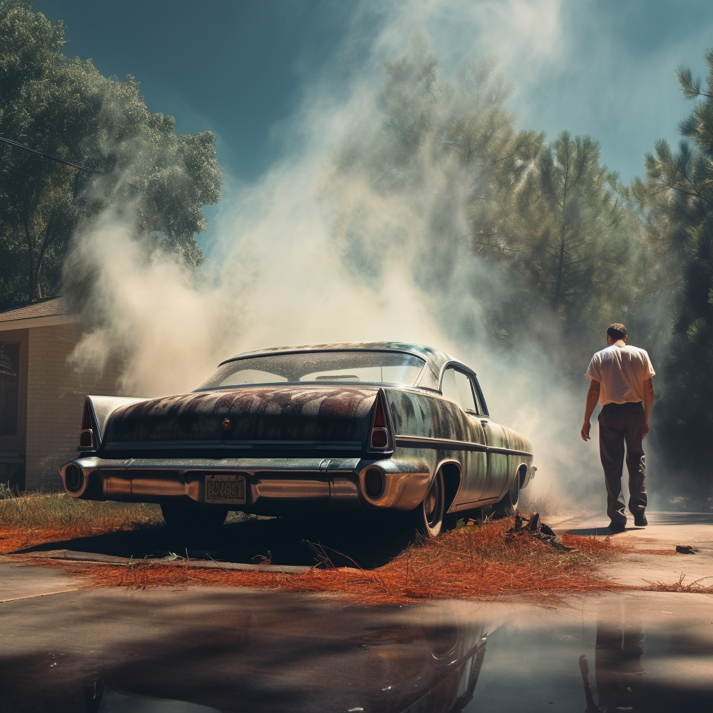 Man looking at smoking broken car