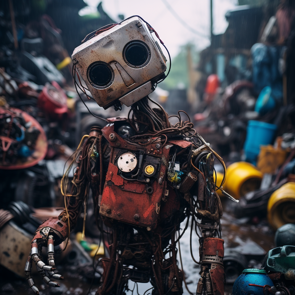 Broken Robot in Junkyard Rainy Day