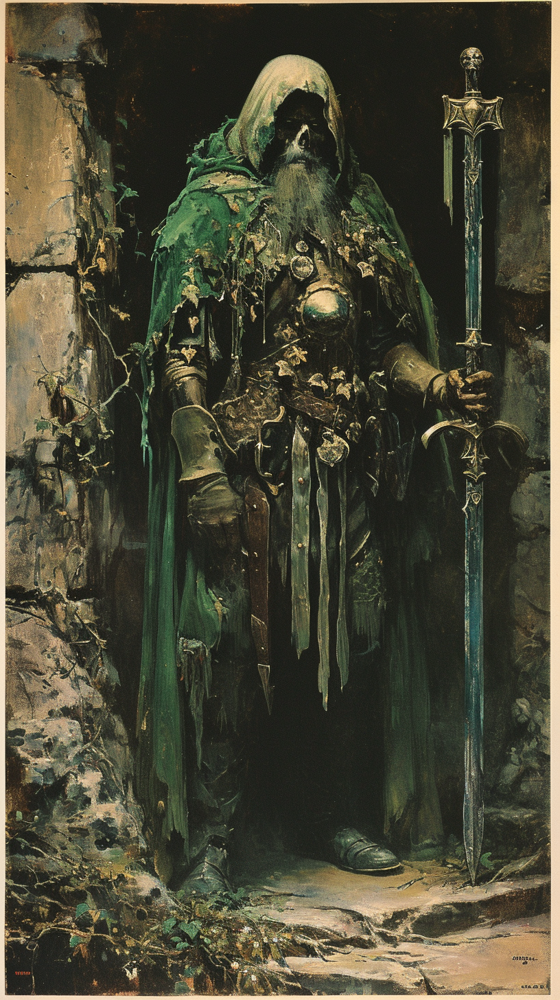 Fantasy lithograph of a 1950s Druid knight