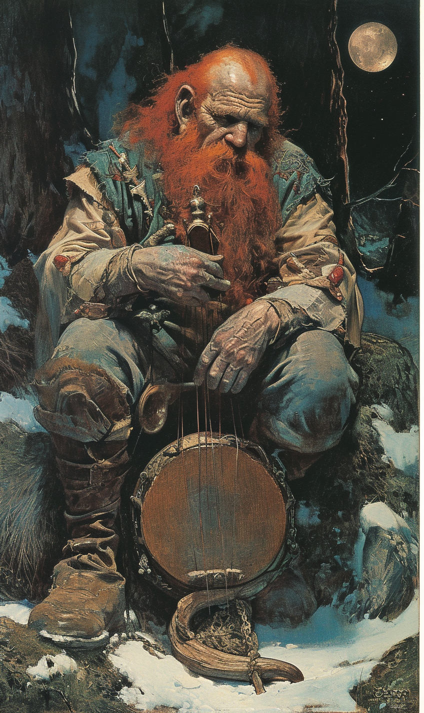 Fantasy lithograph featuring a red-haired dwarf bard playing a magical instrument in a surreal setting