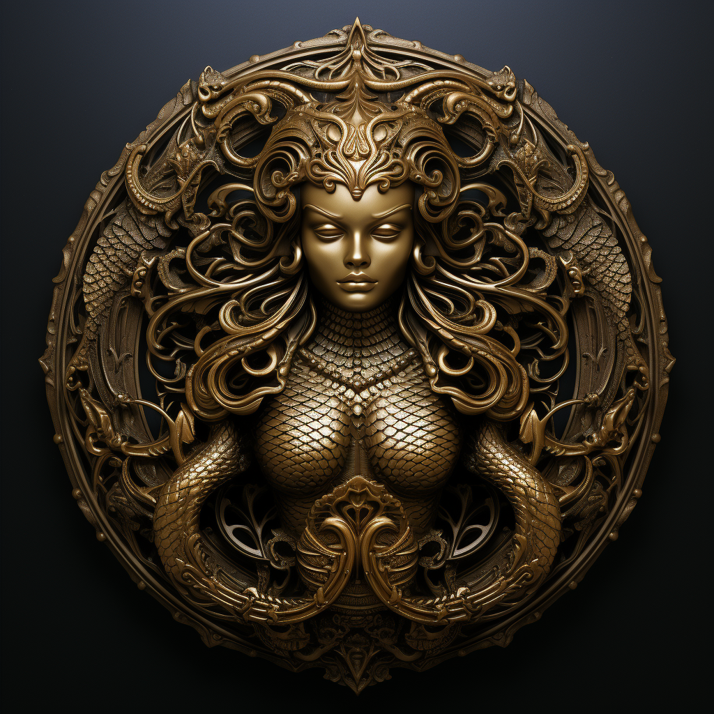 Bold golden bronze mermaid with symmetrical design