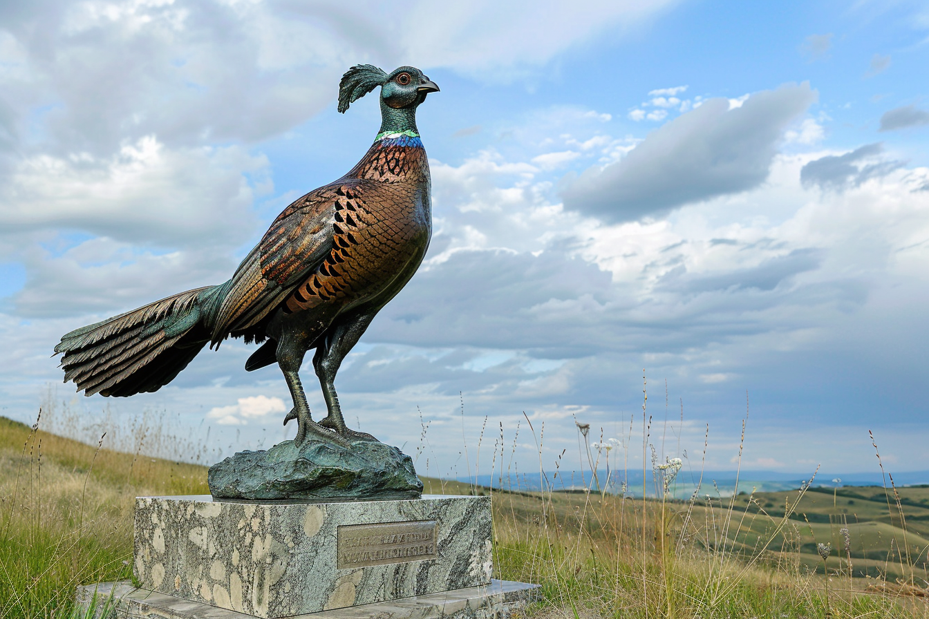 Tall bronze pheasant statue grassy