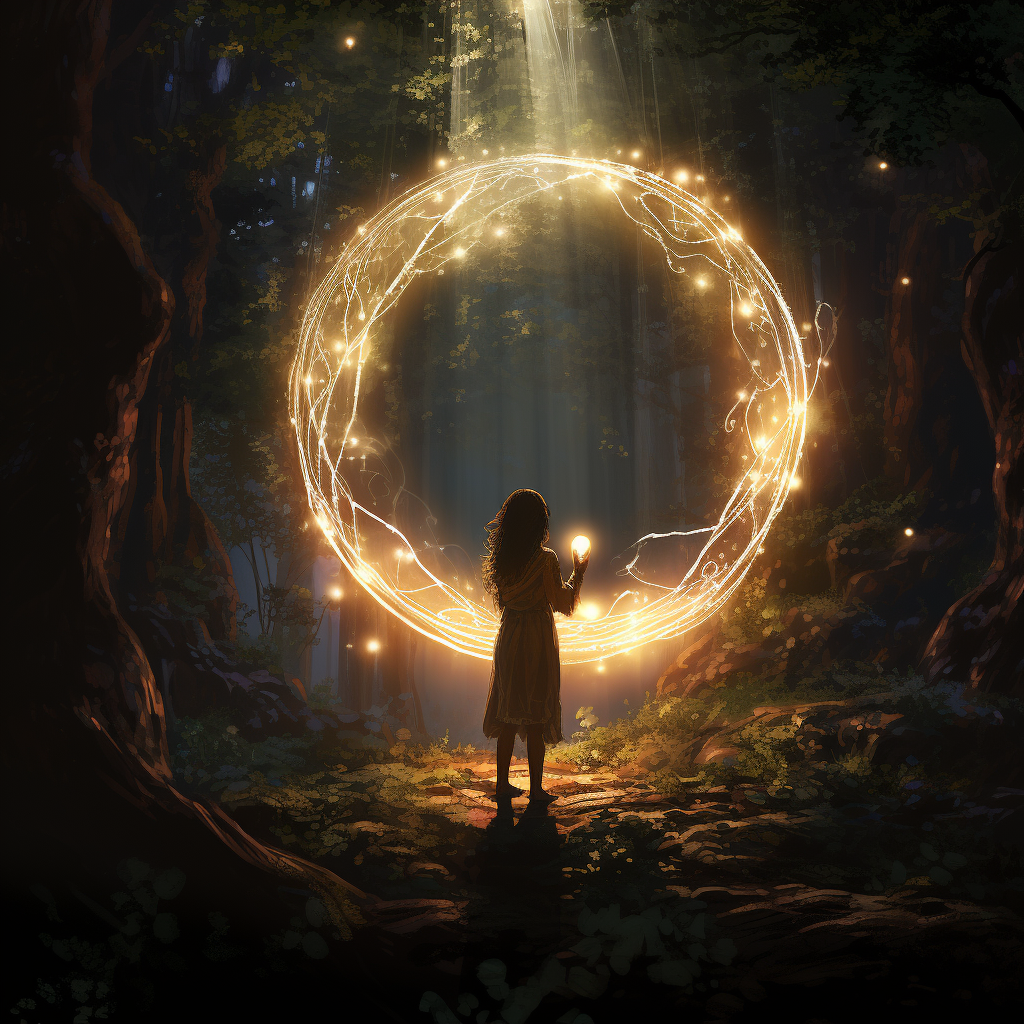 Young protagonist holding shimmering bronze ring in moonlit forest