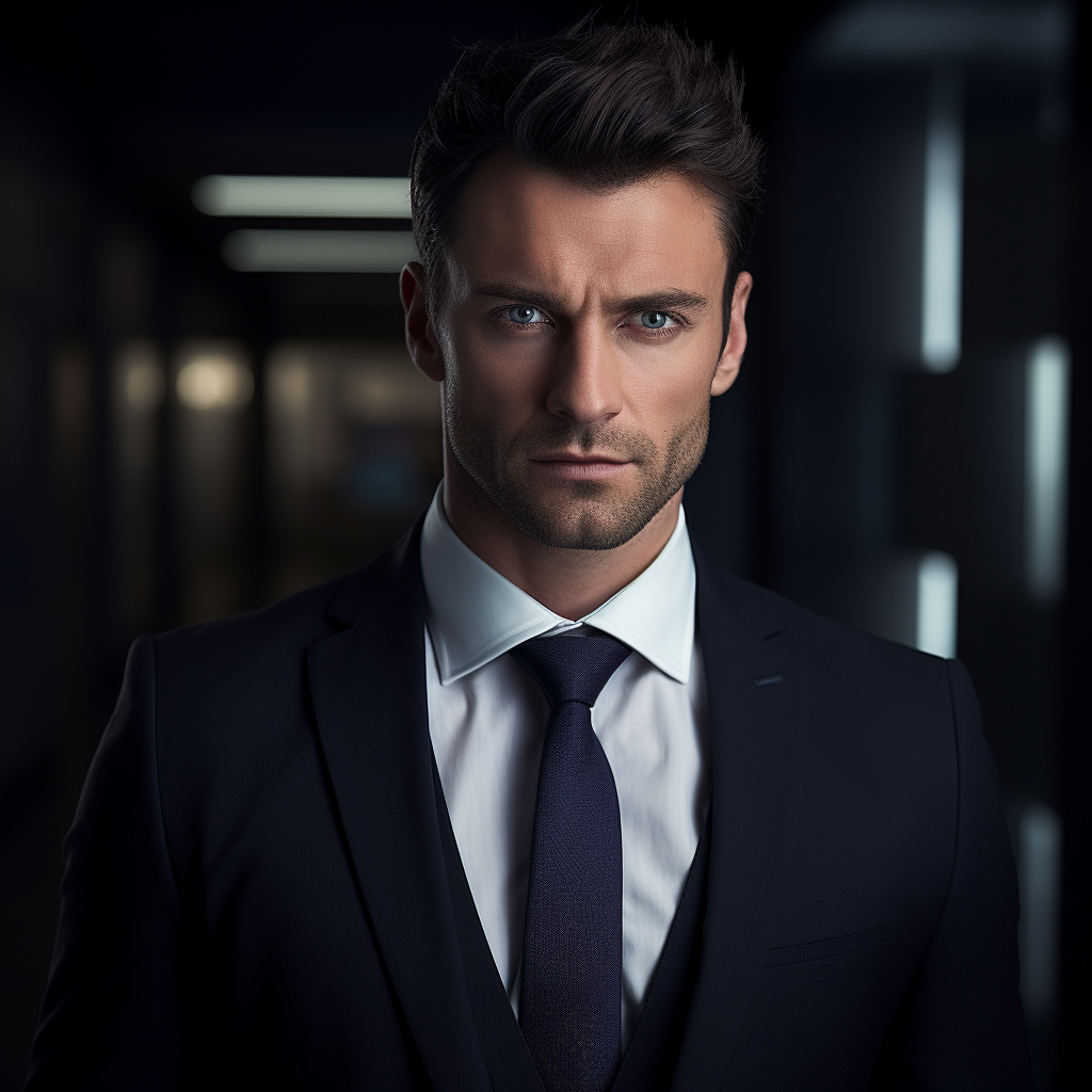 Handsome businessman in dark suit standing in office