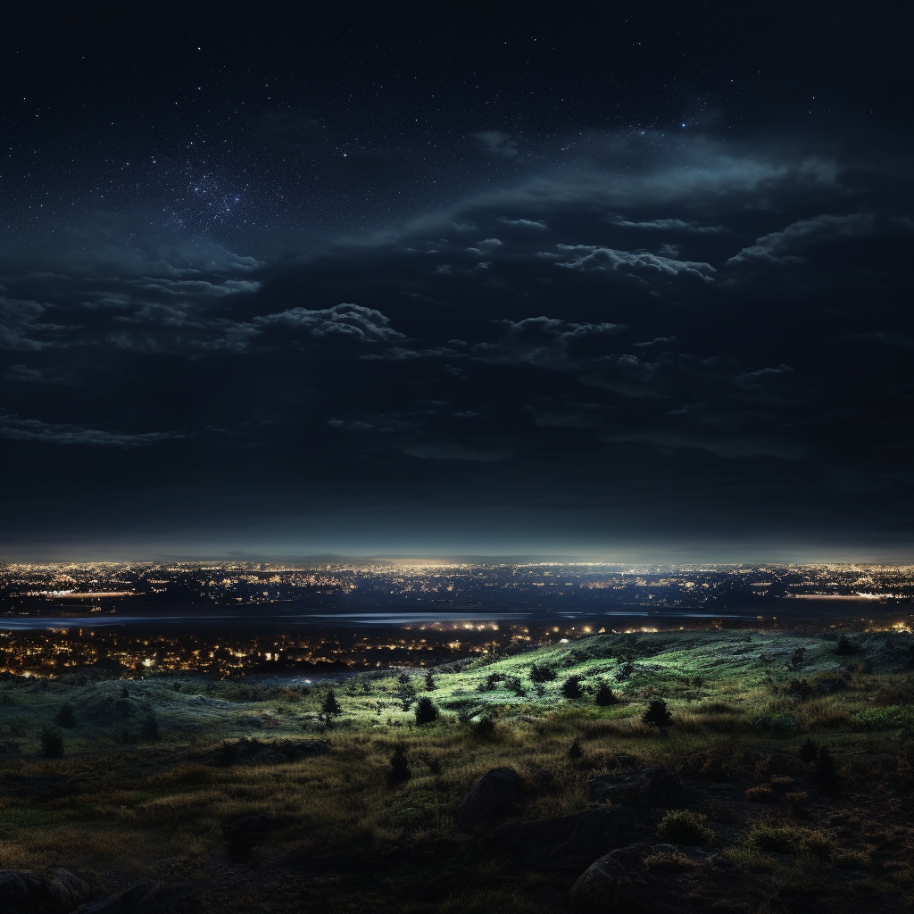 Panoramic view of brooding North American nature reserve at night