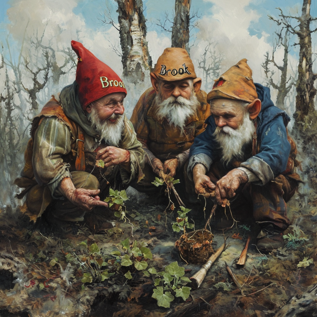 Three dwarfs planting plants in a dead forest