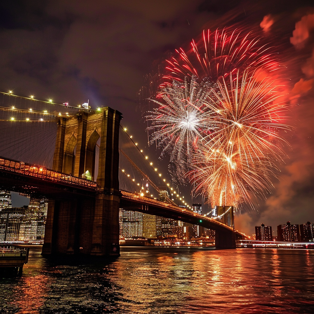 Spectacular New Years Firework Display on Brooklyn Bridge