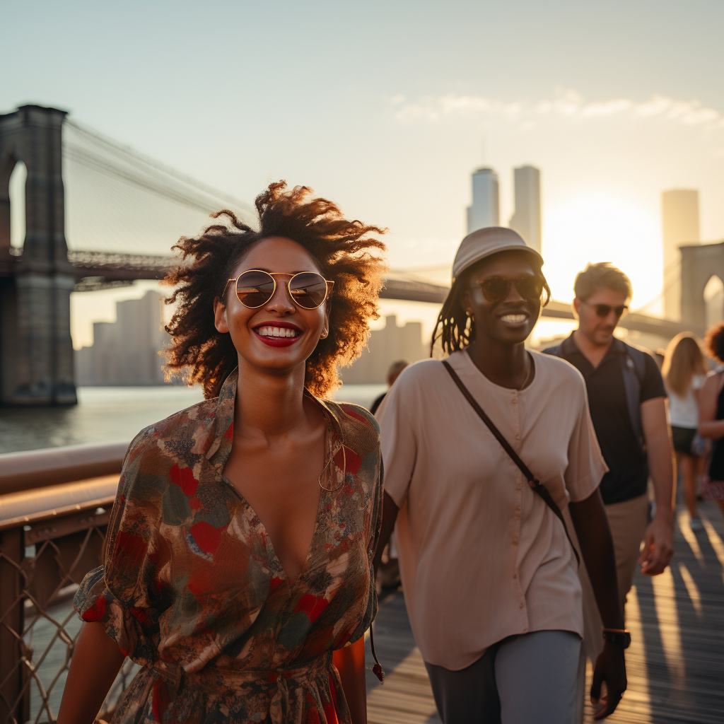 Happy People Walking on Brooklyn Bridge