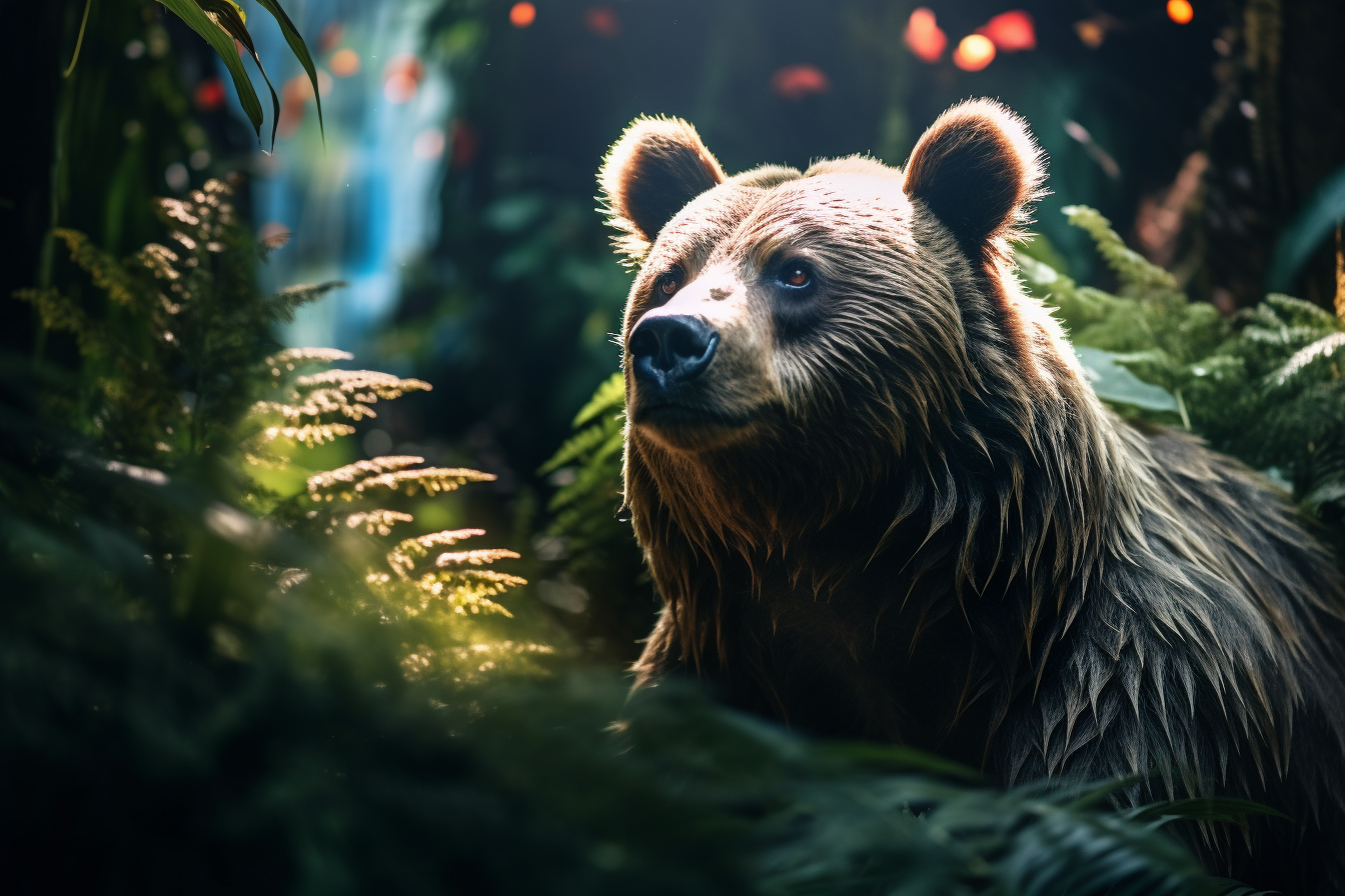 Brown bear in forest with blue lighting