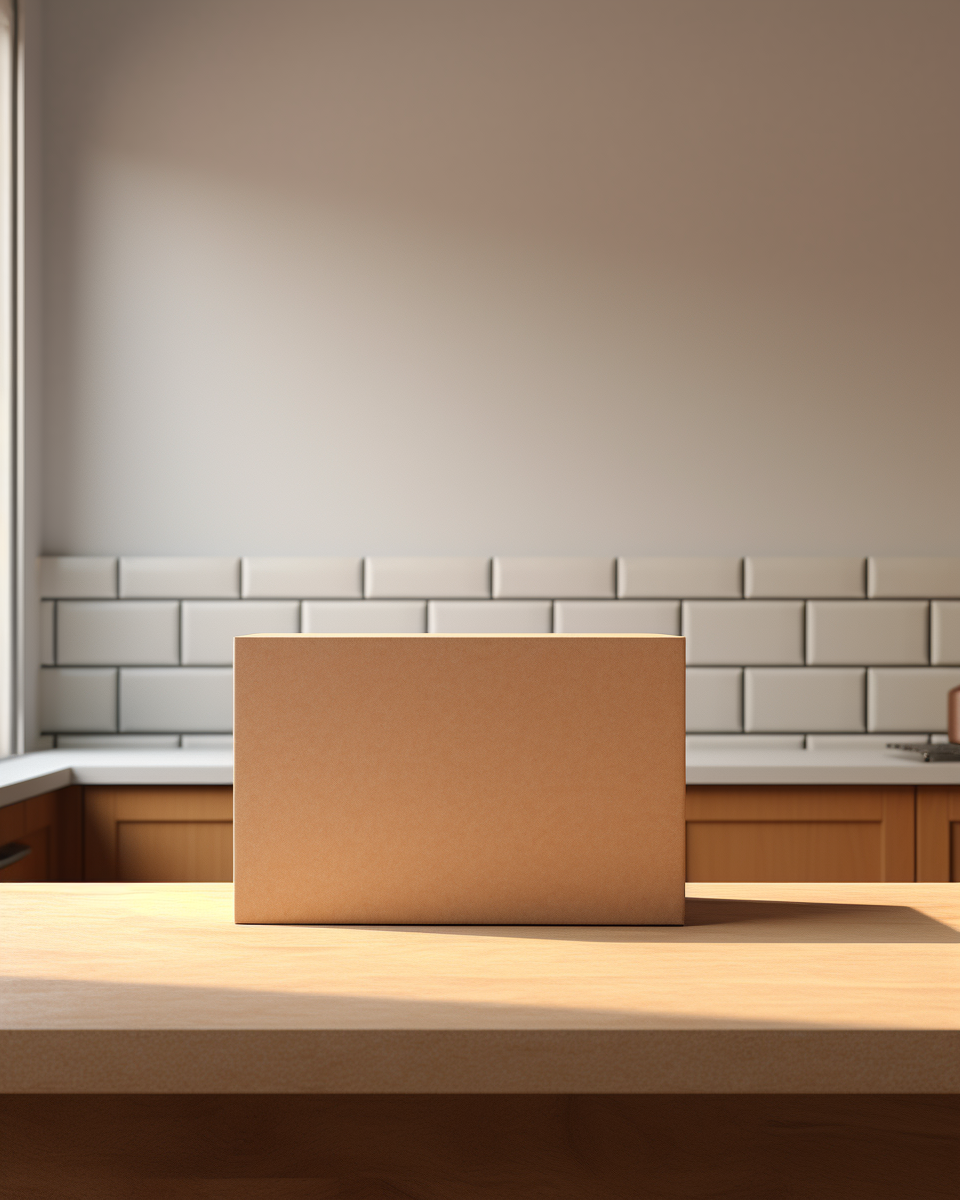 Realistic brown cardboard box on kitchen counter