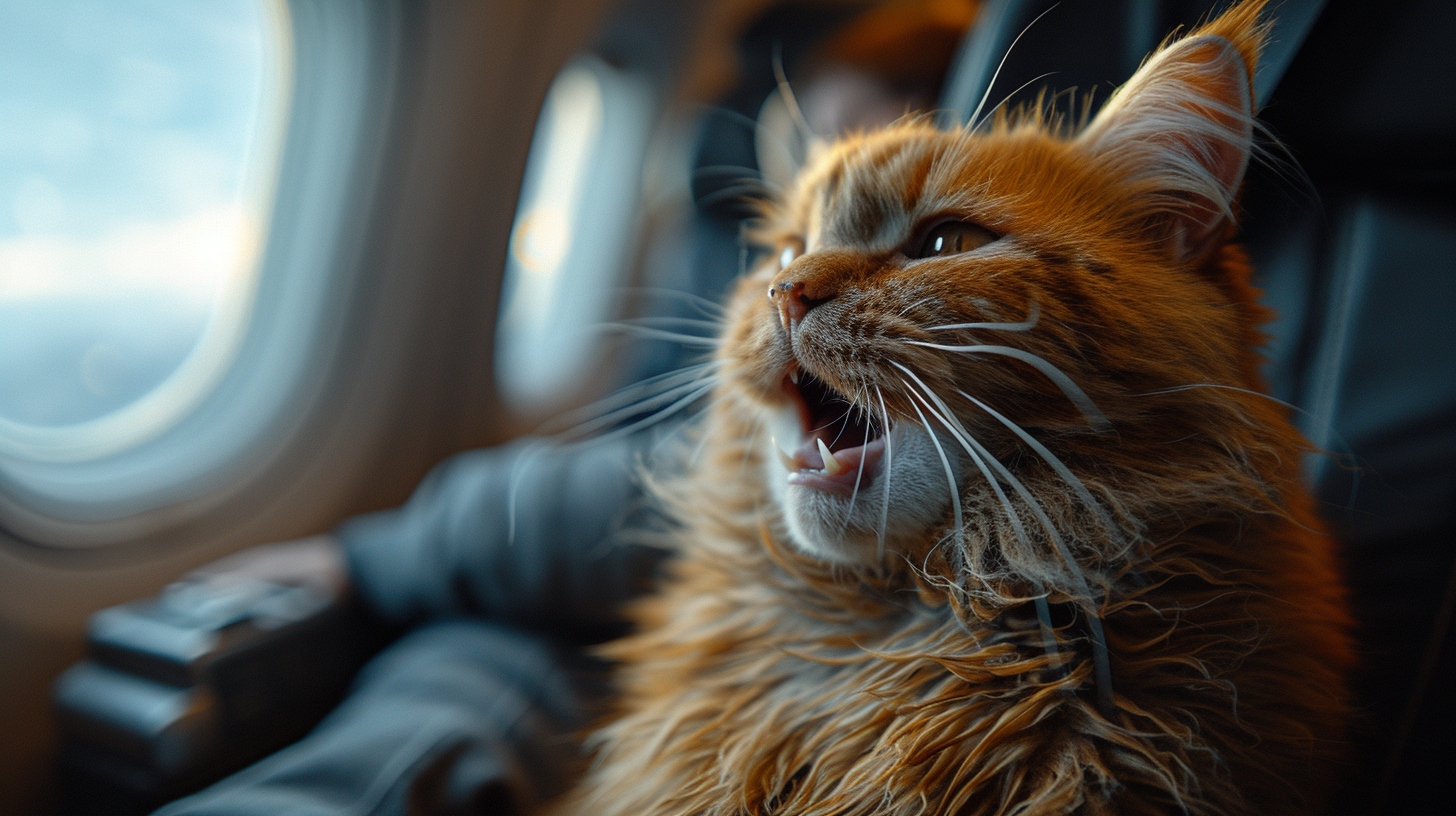 Brown cat panicking on plane seat