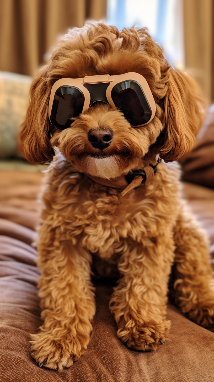 Adorable brown cavapoo immersing in VR gaming