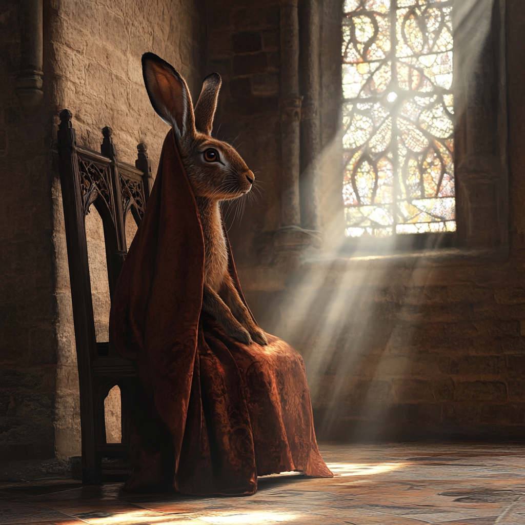 brown cloak with hood draped over chair in corner.