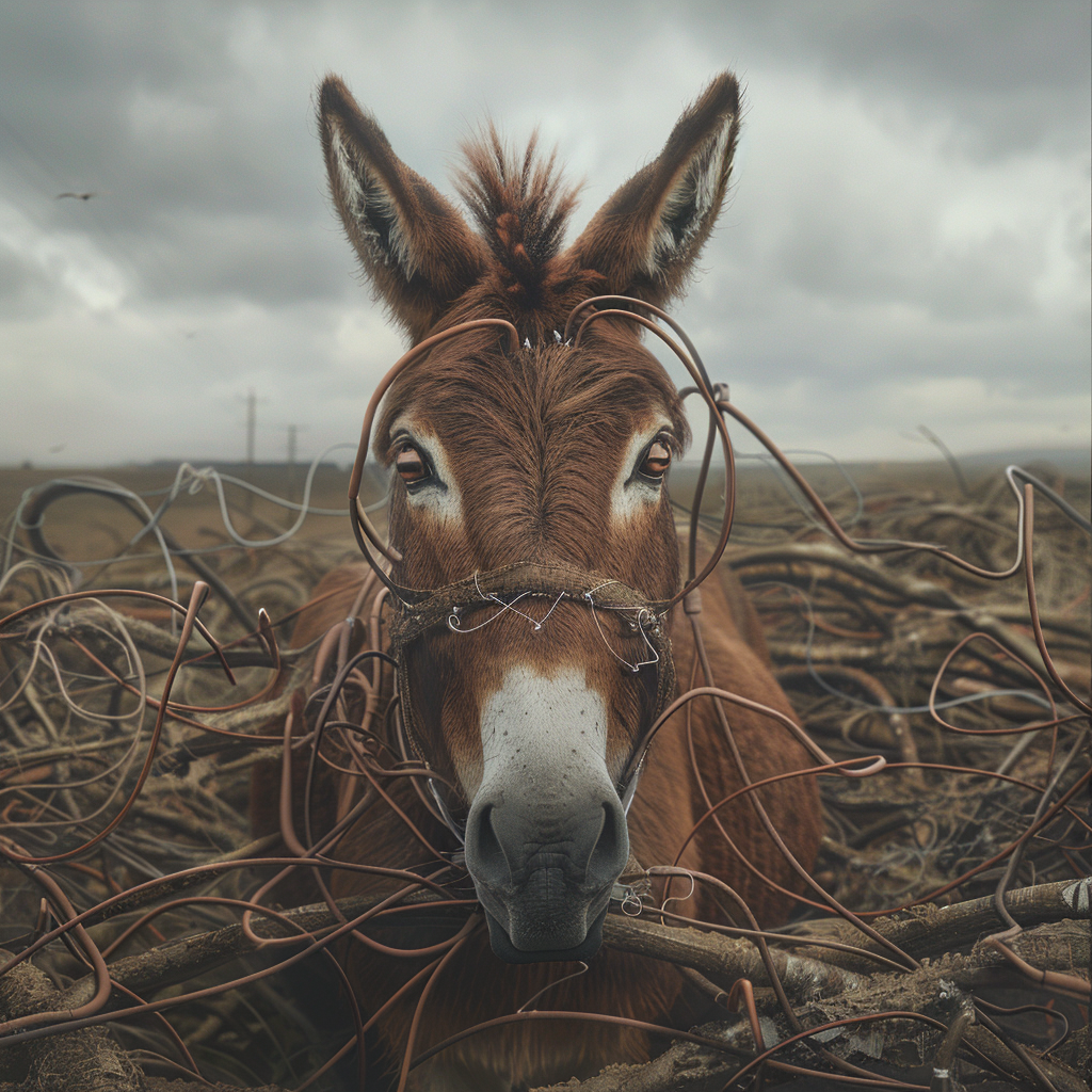 brown donkey with wired mice