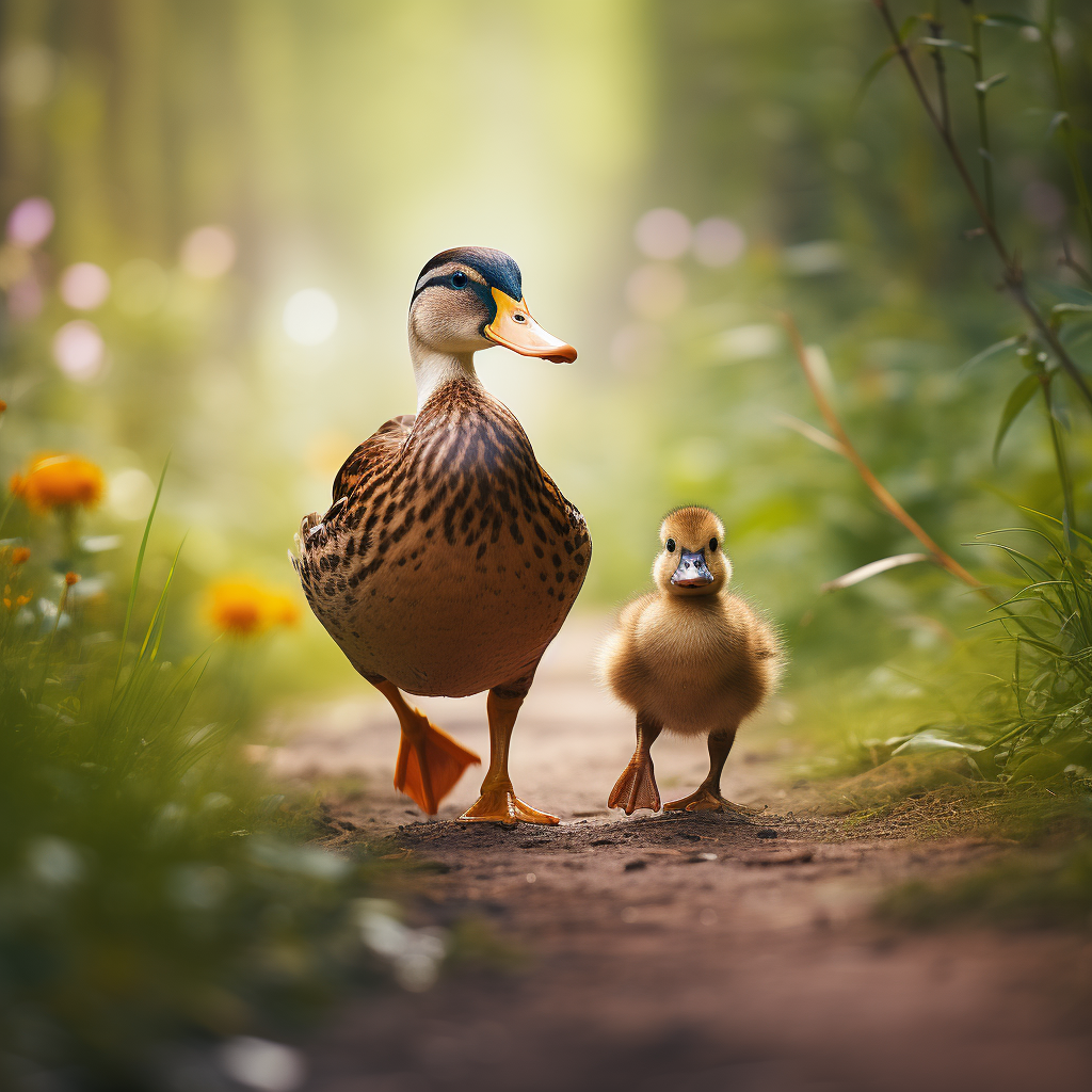 Cute brown duckling walking behind