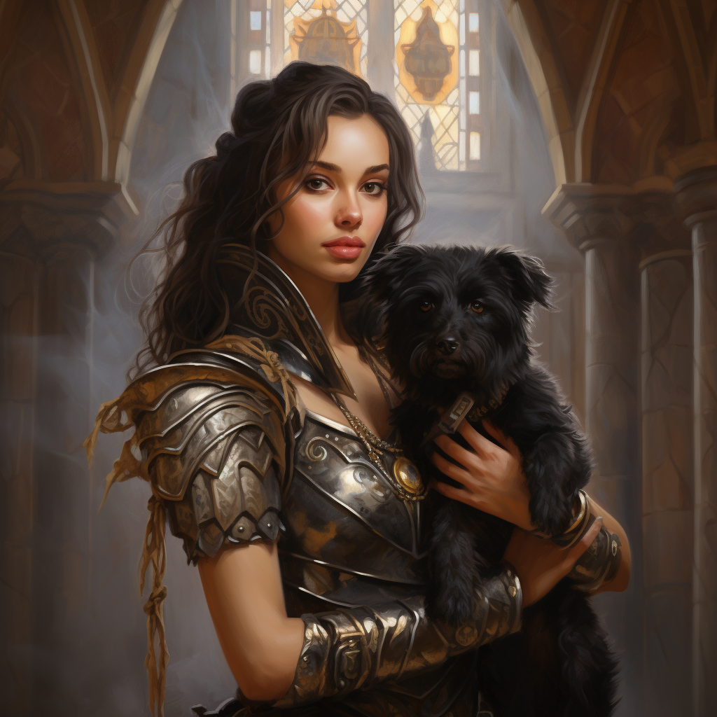 Brown Haired Female Princess with Black Puppy in Castle