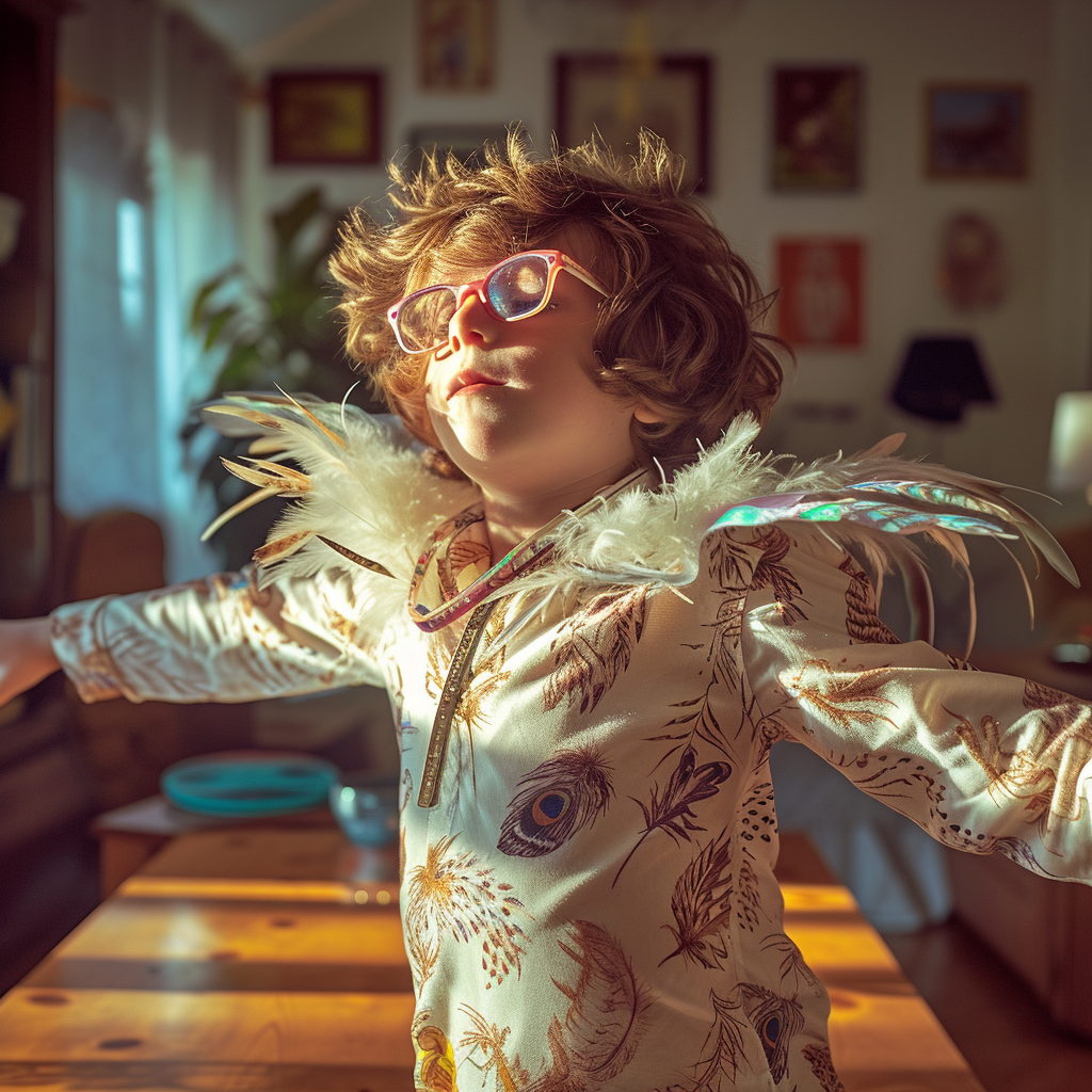 Kid dancing on table at home