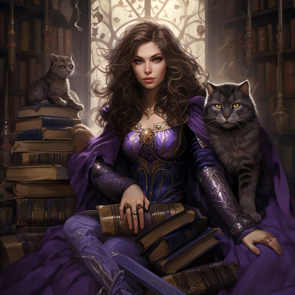 Queen in armor with sword and cat spirit animal