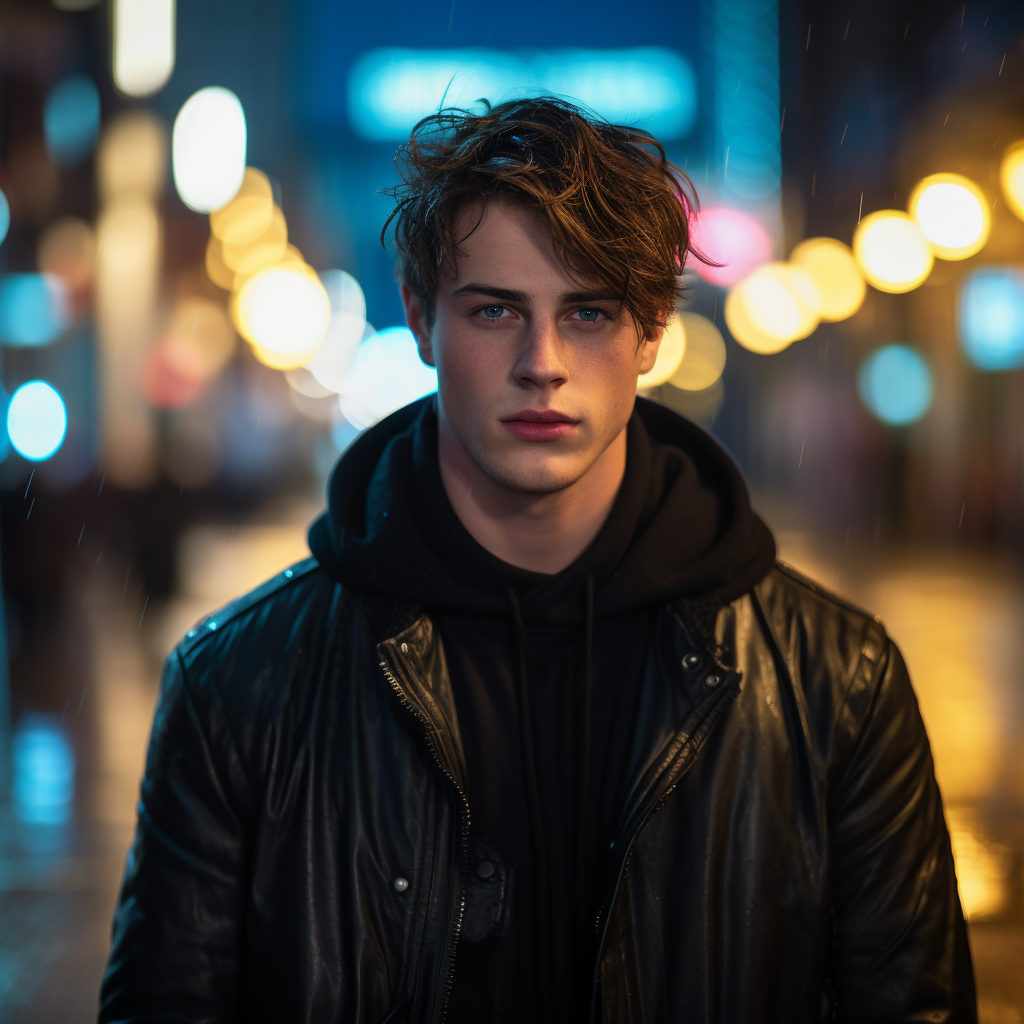 Fashionable teenager in black leather coat under neon lights