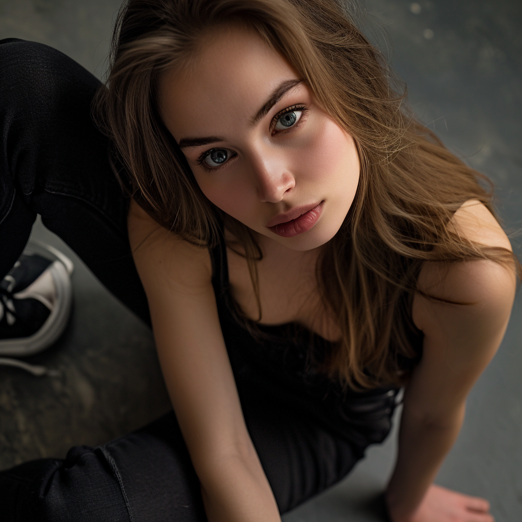 Brown Haired Woman in Black Jeans and Sneakers