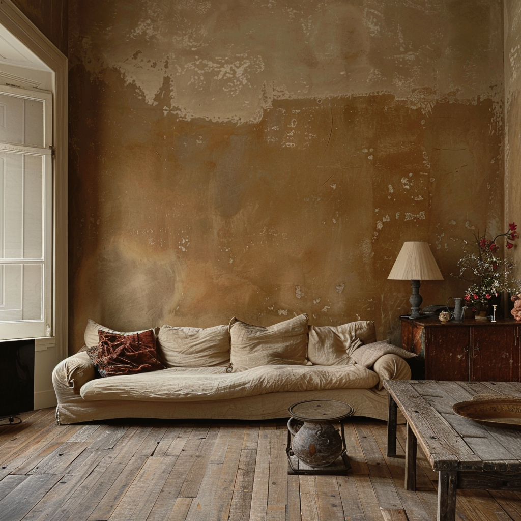 Brown room with limewash walls