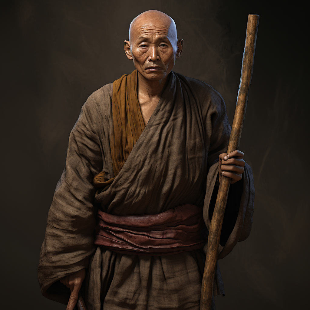 Peaceful monk with bamboo staff