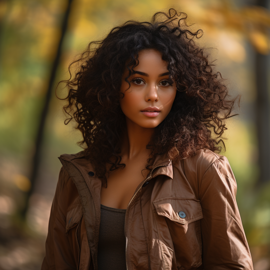 Young Woman with Curly Hair Smiling in Park