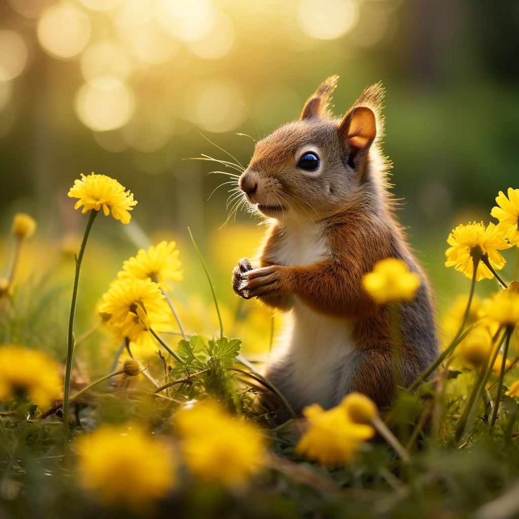 Brown squirrel smelling yellow flower in grass