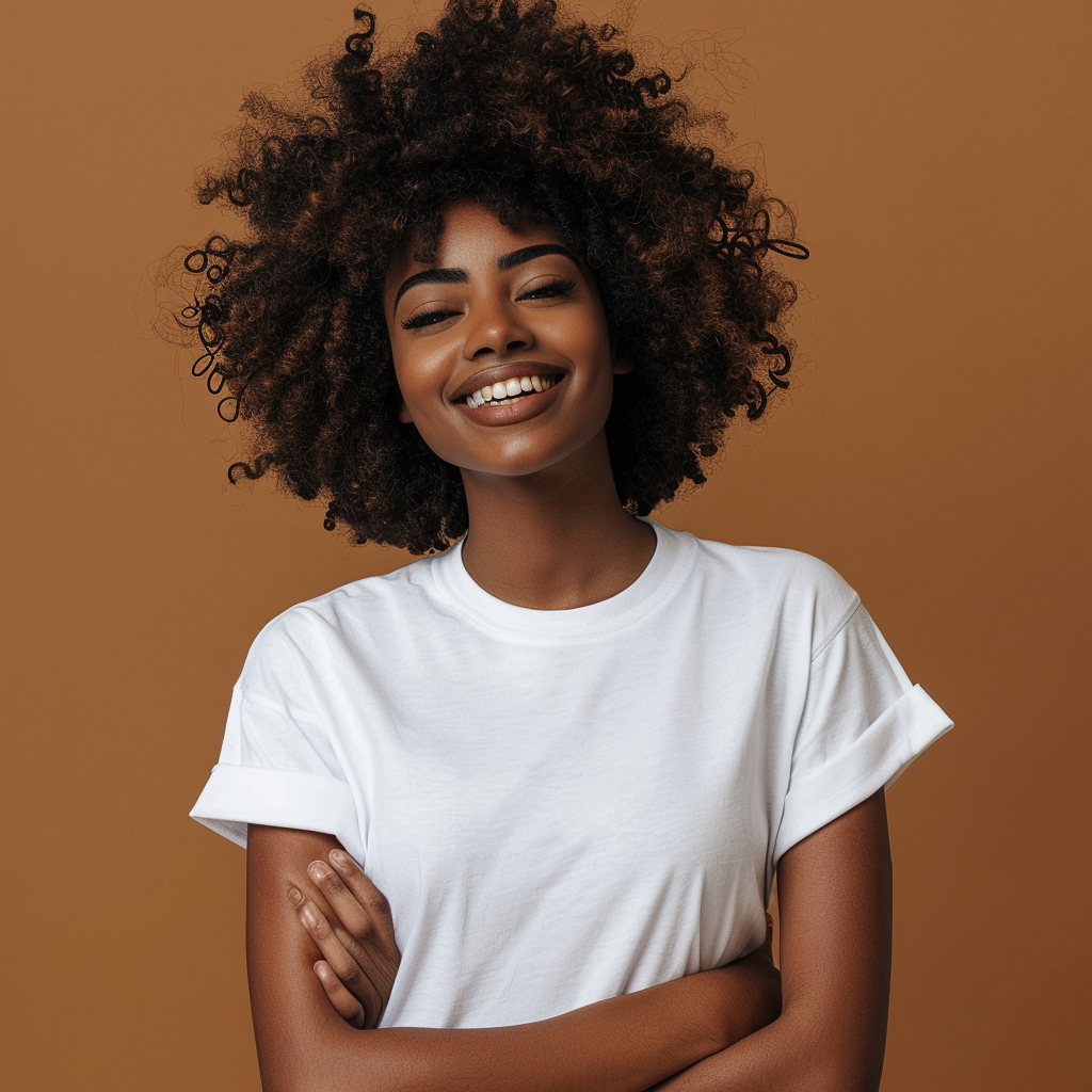 Dark skin woman with white tshirt and Afro