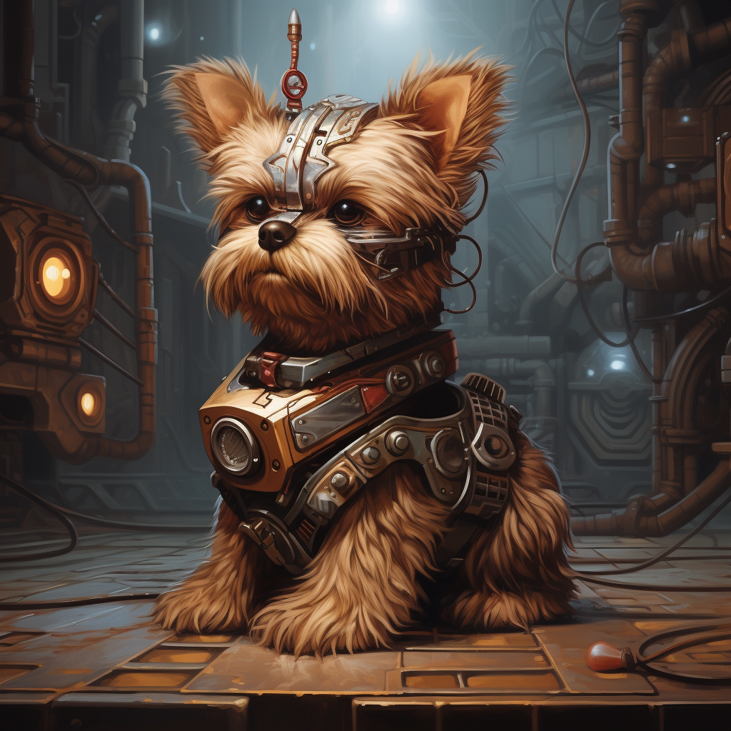 Brown Yorkie Robot in Cyberpunk World