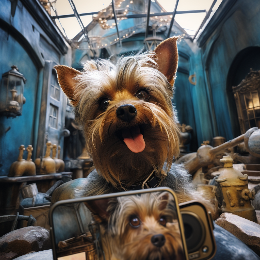 Adorable brown yorkie taking selfie