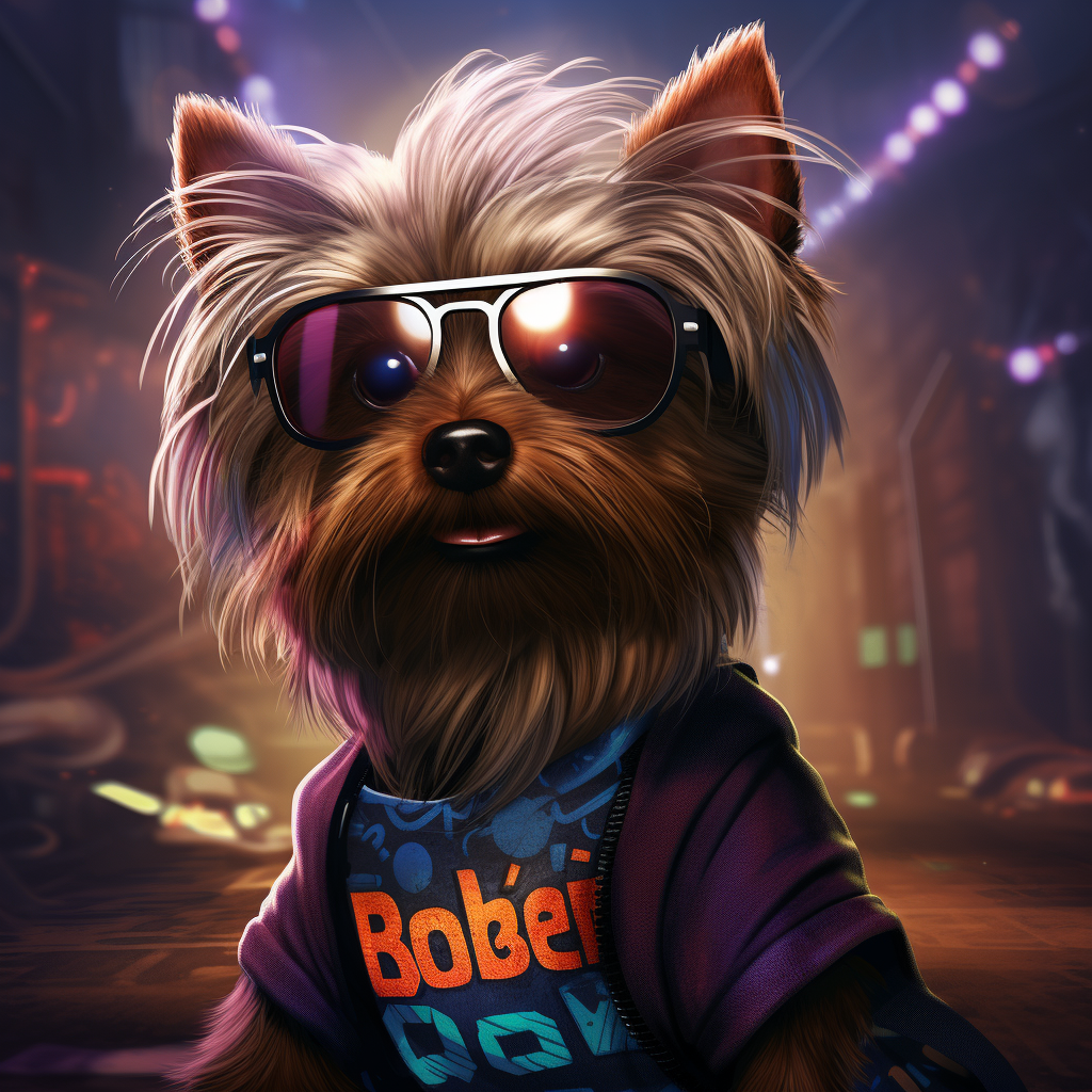 Adorable brown yorkie wearing superhero shirt named Hobbes