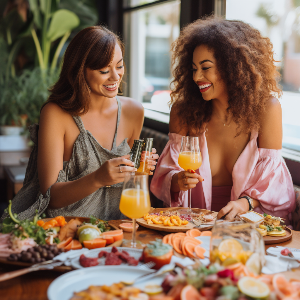 Two women sharing charcuterie board and mimosas