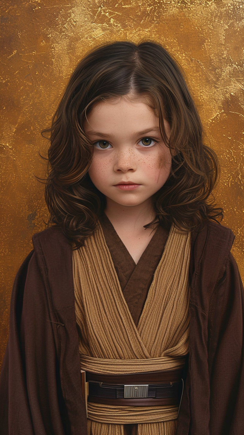 6 year old brunette girl in Jedi clothes