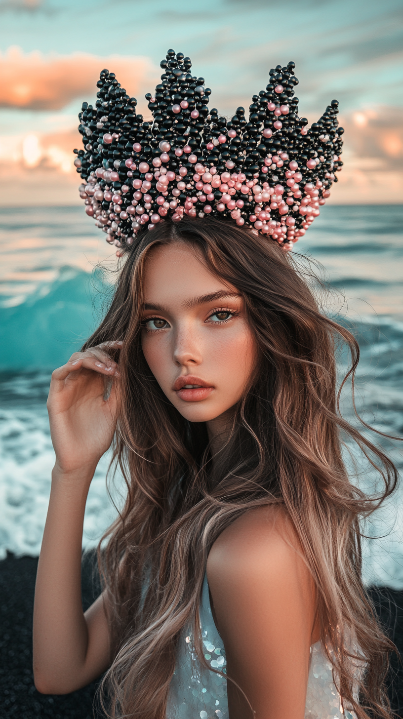 girl with long wavy hair on black sand