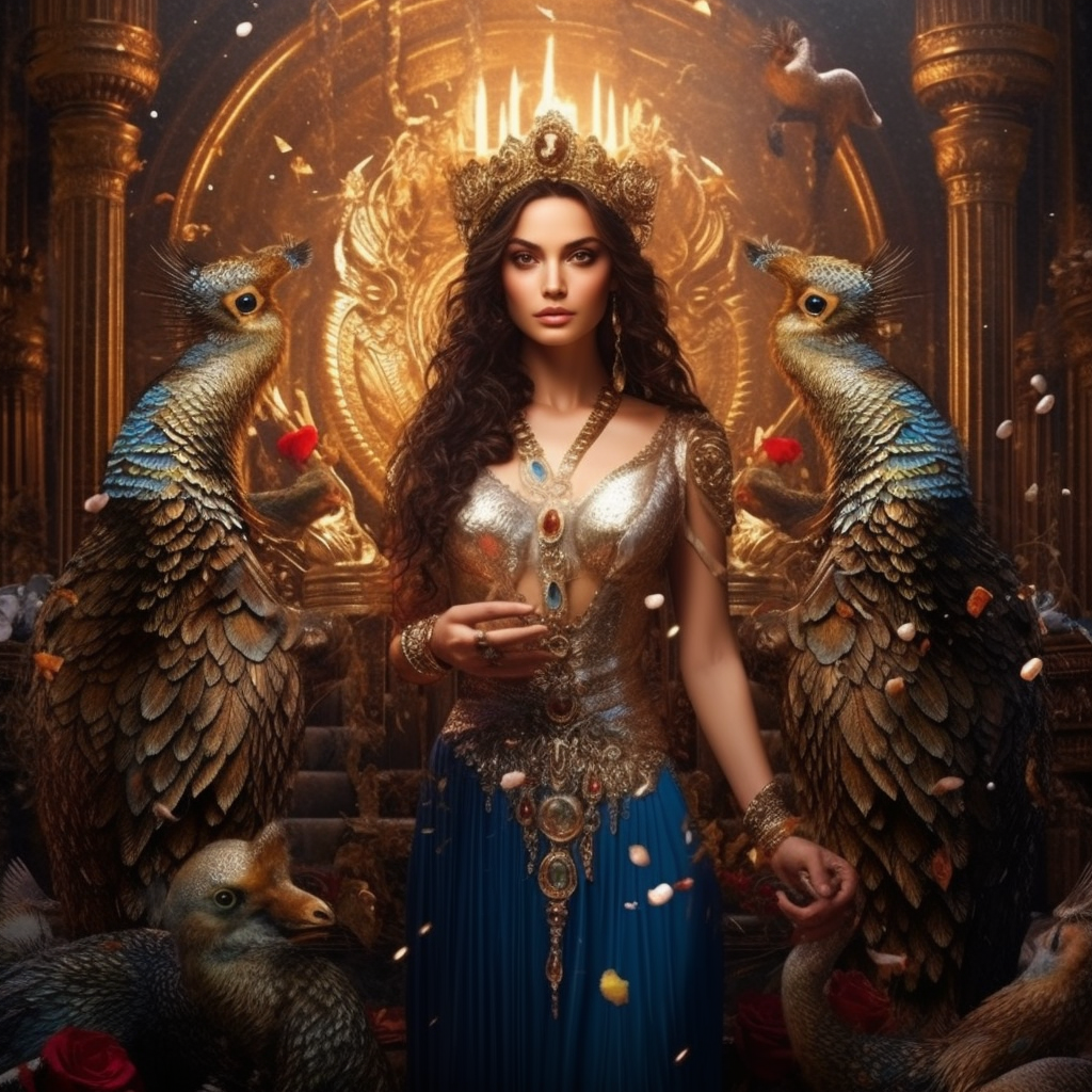 Scepter-wielding brunette goddess with peacocks and orbs