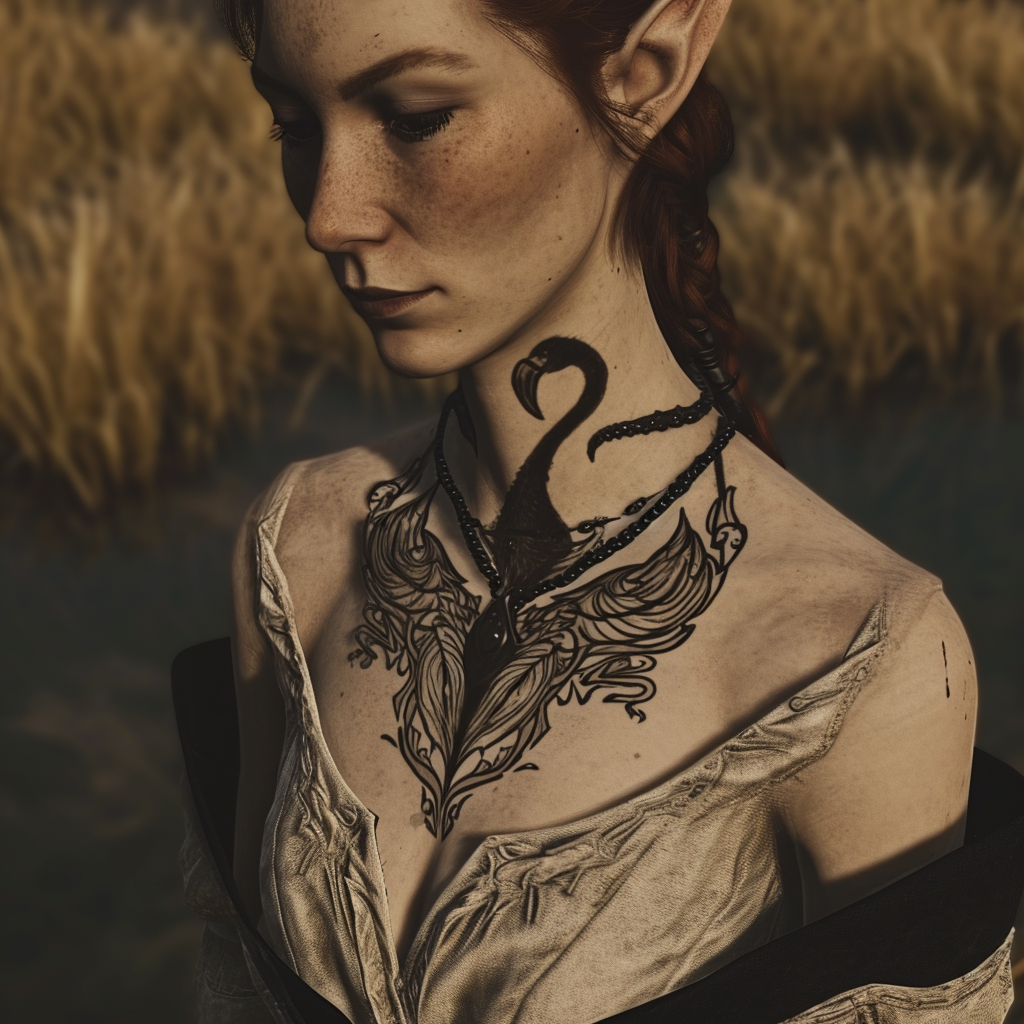 brunette half elf with flamingo tattoo