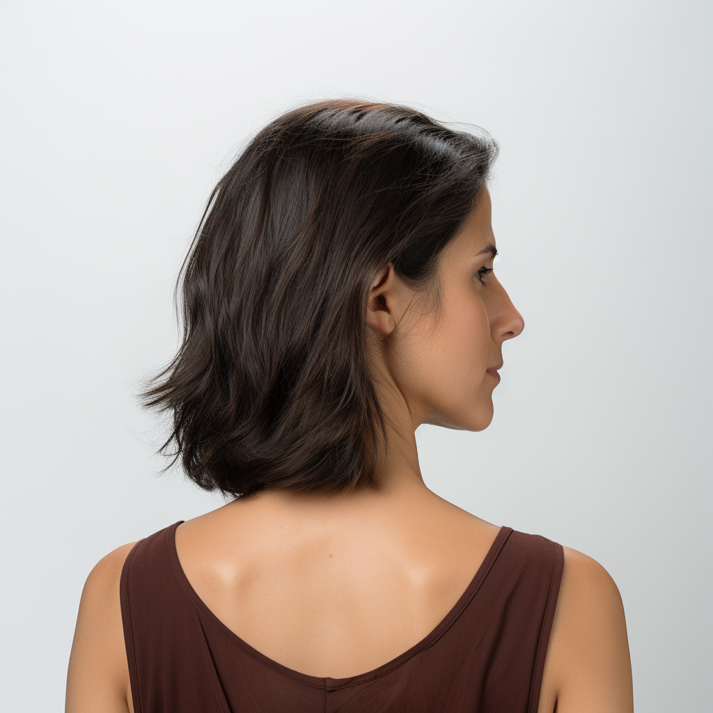 Stylish brunette woman in her 30s facing left side