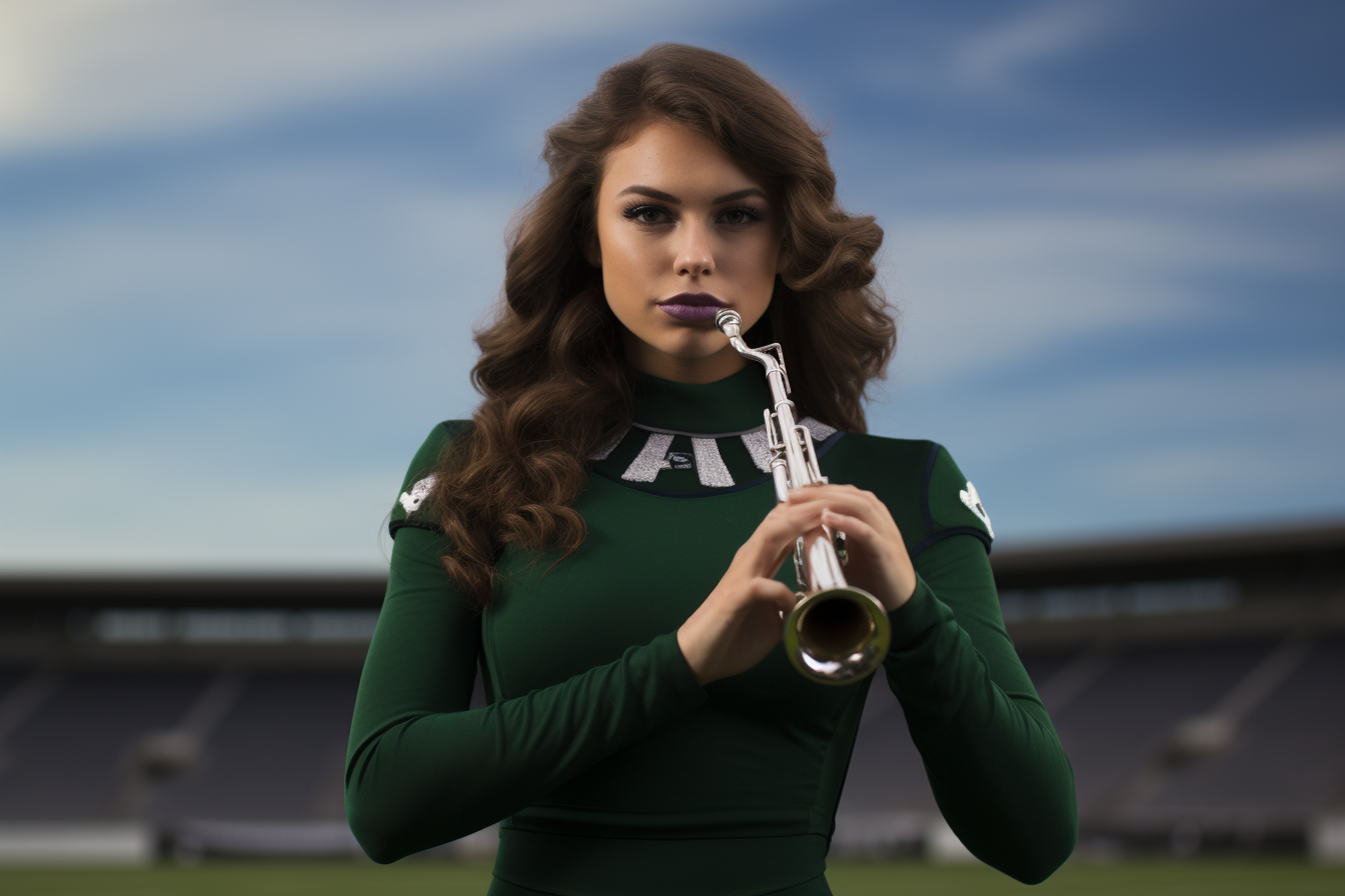 Young woman in band uniform playing trumpet