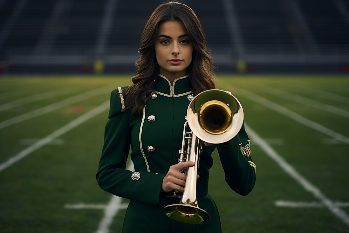 Young woman playing trumpet in band uniform