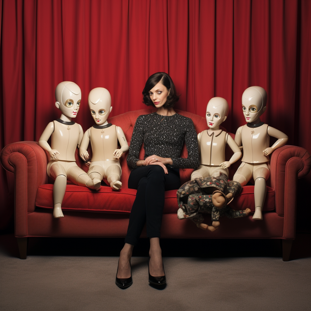 Brunette woman on beige couch with child mannequins