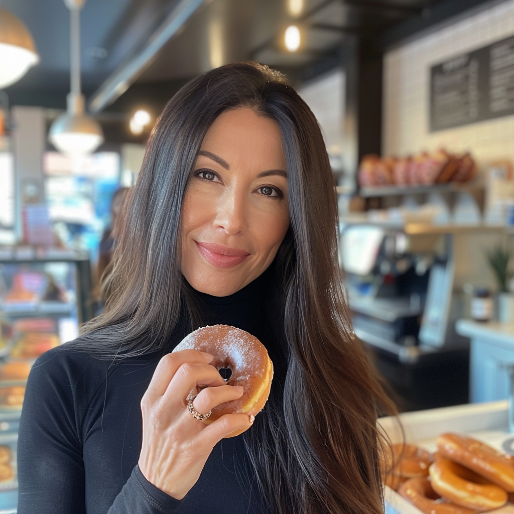 Brunette woman smiling at donut shop