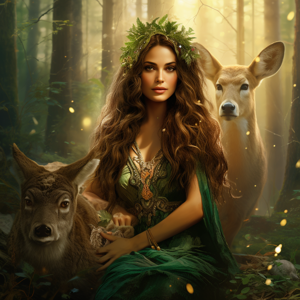 Long-haired brunette woman surrounded by forest animals