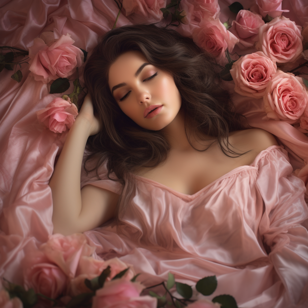 Sleeping brunette woman in pink pajamas surrounded by pink roses