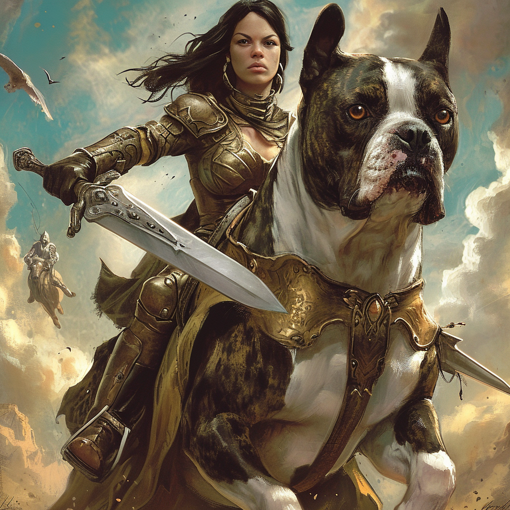 Brunette woman riding giant warrior terrier