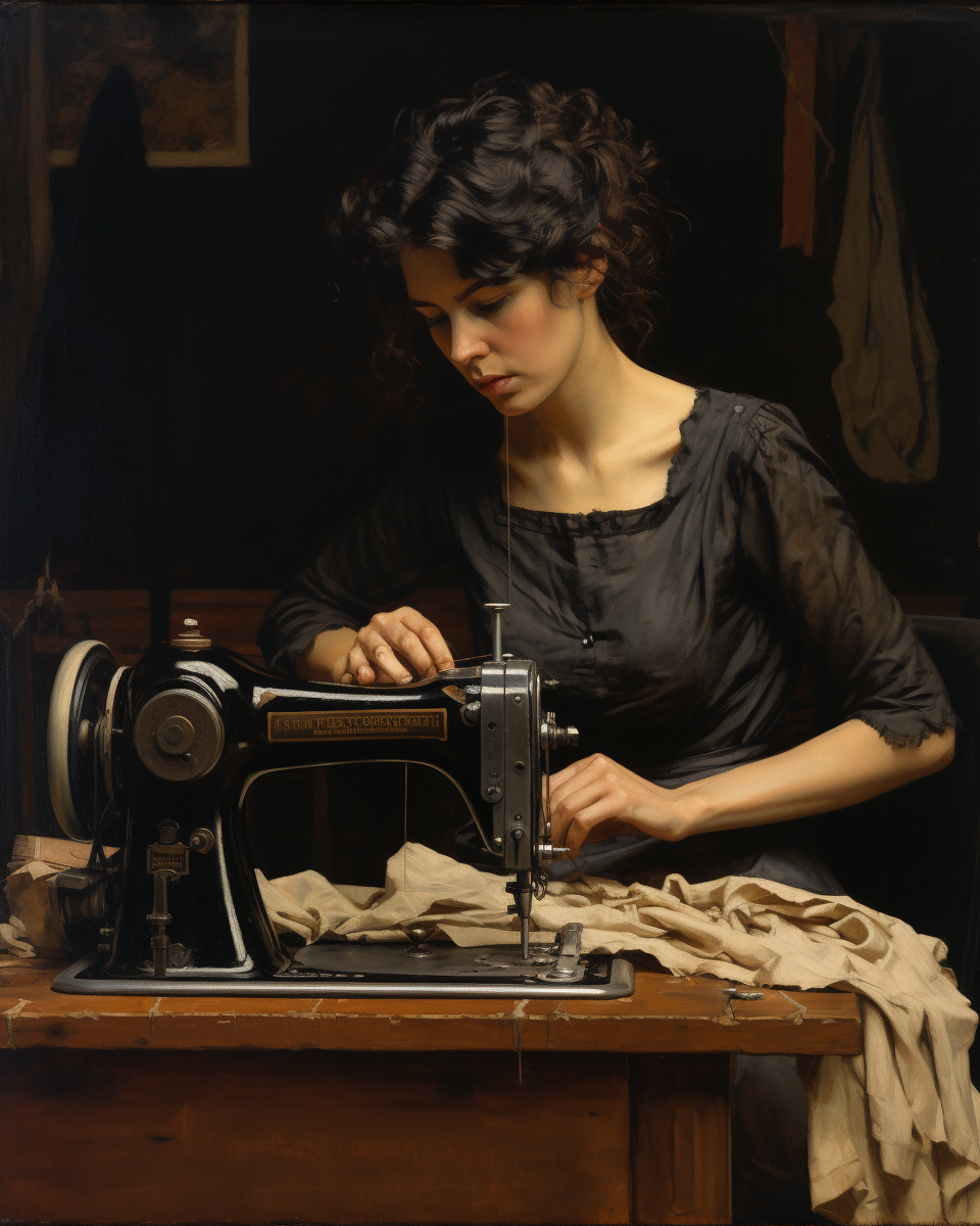 Painting of brunette woman inventing sewing machine